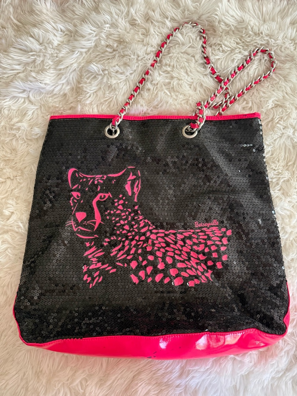 Betsey Johnson Black Sequin Tote with Hot Pink Leopard Graphic